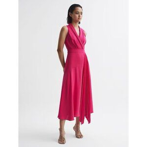 REISS Claire Pleated Midi Dress Fuchsia Pink Cocktail Party Work Womens 4 $385